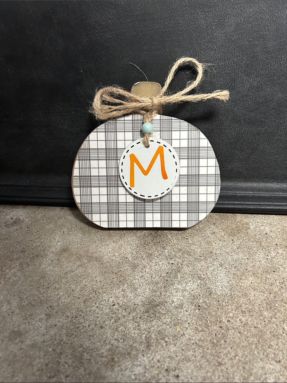 Plaid Wooden Pumpkin Accent with Orange Monogram